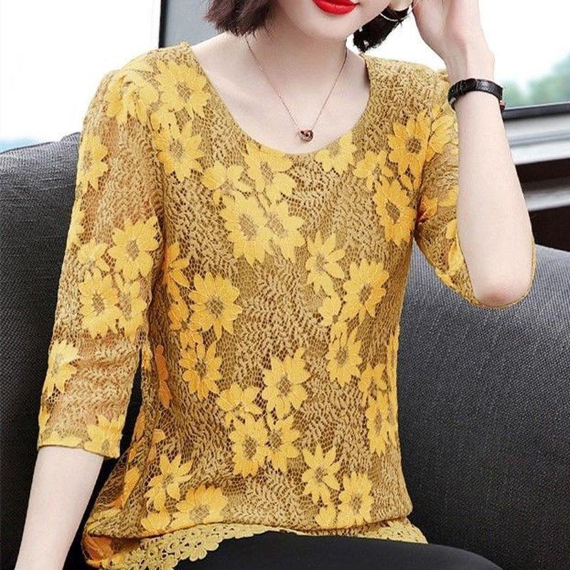 M-4XL Blouse Loose Round Neck 3/4 Sleeves Solid Color Fashion Shirt Plus Size Slim Fit Elegant Hollow Lace Shirt Top