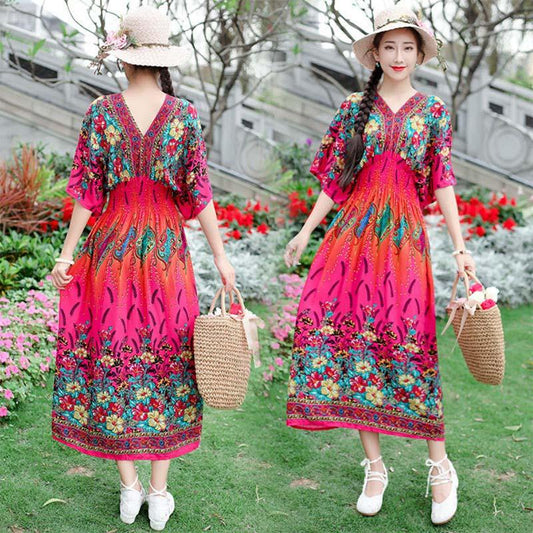 Ethnic Style Women's Print Mid-length Five-point Sleeve V-neck Loose Skirt Mom's Beach Holiday Skirt