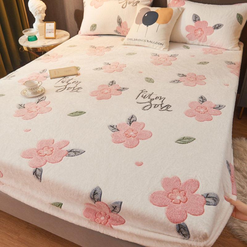 Winter Double-sided Snowflave Bed Pillow Set Three-piece Plus Thick Warm Plush Anti-skating Sheet