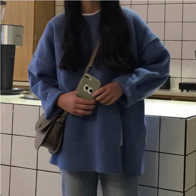 Pofulove Autumn Winter Solid Color Round Neck Sweater Schoolgirl Wide Loose Fork Base Sweater Shirt