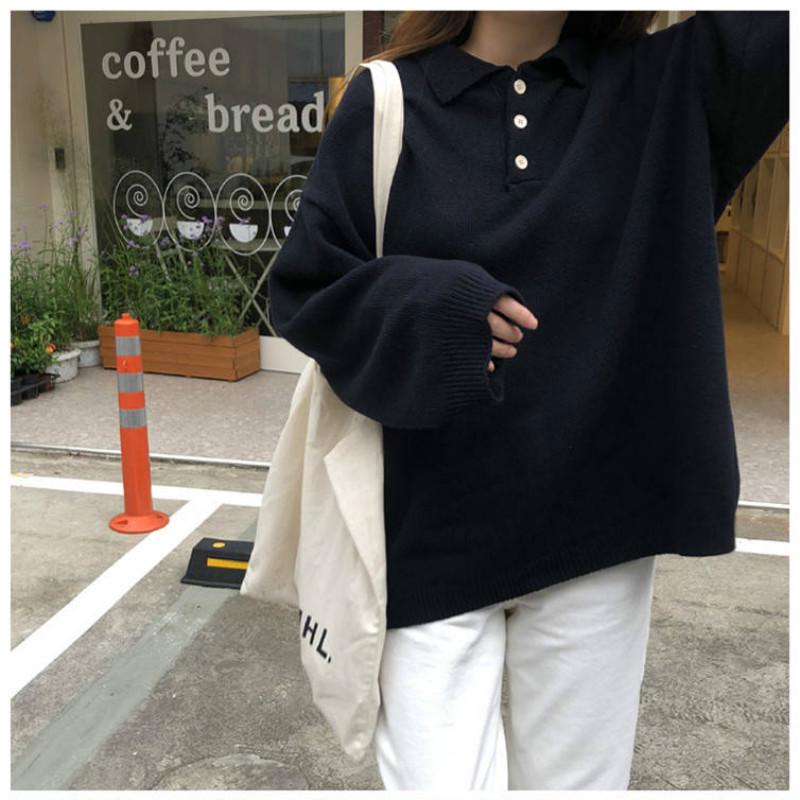 Pofulove Solid Color POLO Collar Sweater Jacket Female Autumn Winter College Style Sweater