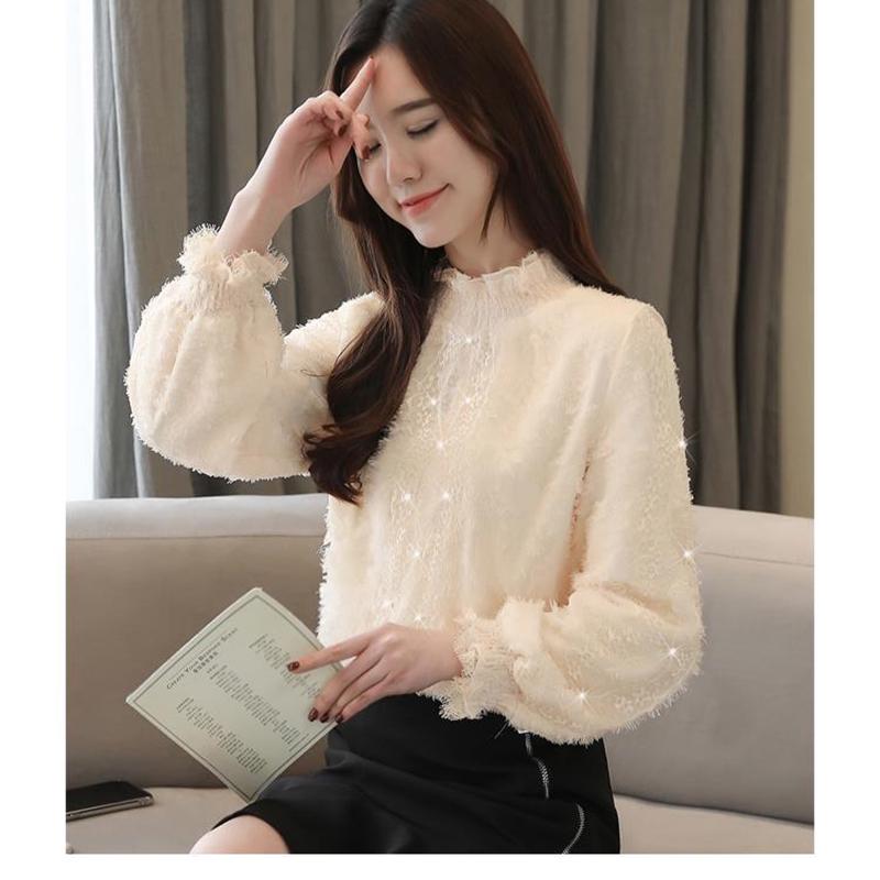 Lace Bottoming Shirt Autumn and Winter Fashion Trend Chiffon Shirt Flocking Blouse