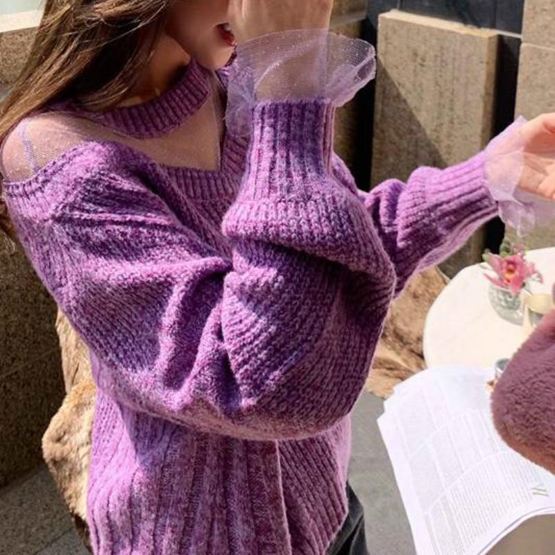 Pofulove Sexy Loose Bat Sleeved See-through Clavicle Top Mesh Knitwear Bright Silk Bottoming Sweater