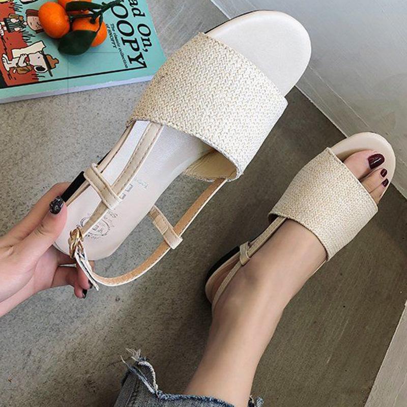 Flat Sandals Women's Summer Korean Fashion Straw Braided Buckle Open Toe Sandals All-match Student Sandals