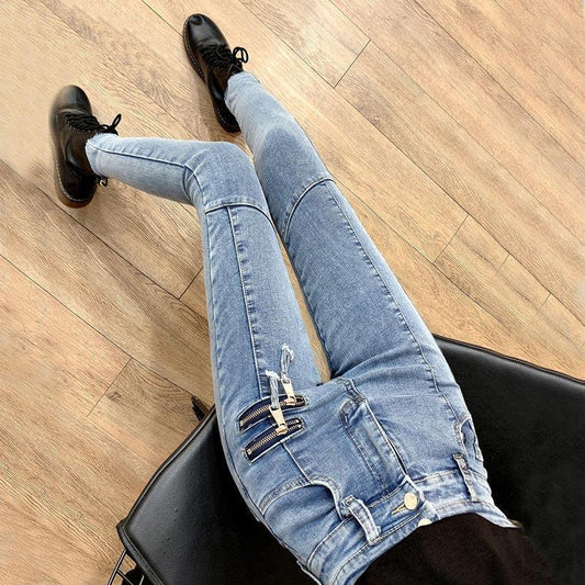 High-waisted Jeans Girls Spring and Autumn Thin Skinny Feet Pants Stretch All-match Pencil Nine-point Pants