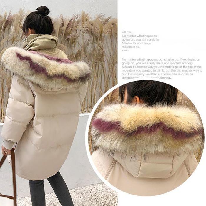 Small Lady Down Padded Jacket Winter Fashion Mid-length Korean Style Padded Jacket Loose  Thick Big Fur Collar Padded Jacket