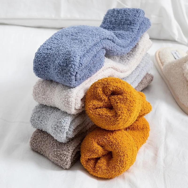 3 Pairs of Coral Fleece Warm Socks Solid Color Plush Calf Socks Plus Velvet Sleep Socks Autumn Winter Thickened Stockings
