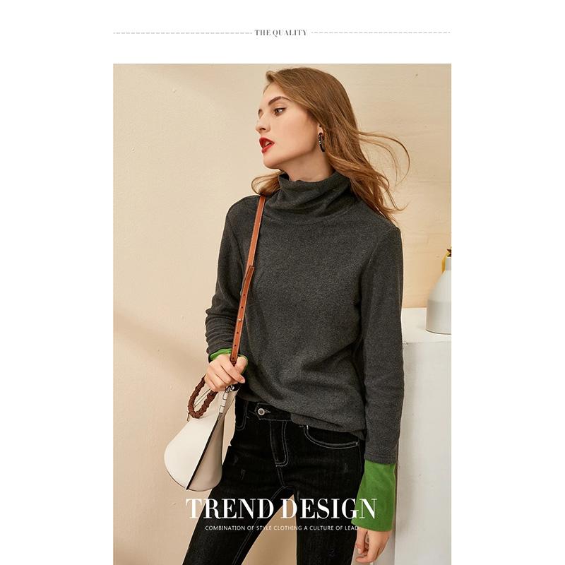 Women's High Neck Knitted Shirt Skin-friendly Breathable Stitching Color Bottoming Shirt Pull Over High Collar Loose Fit Long Sleeves T-shirt Basic