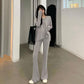 2PCS Women's Autumn Split Mid-Length Suit Casual Wide Long Sleeve Casual Sports Suit Loose Long Sleeve + High Waist Wide Leg Pants Two Piece Suit