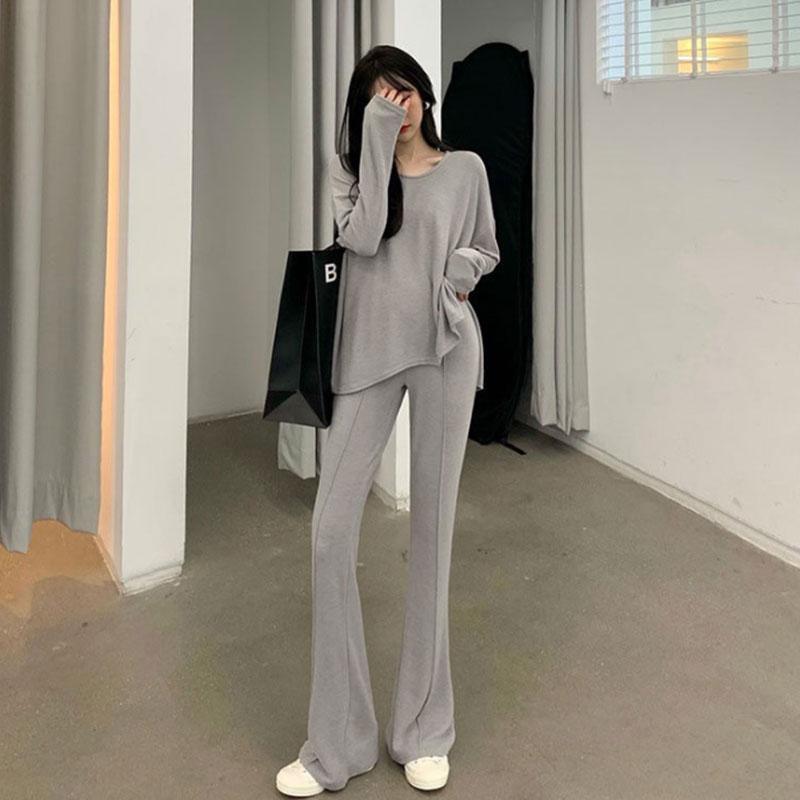 2PCS Women's Autumn Split Mid-Length Suit Casual Wide Long Sleeve Casual Sports Suit Loose Long Sleeve + High Waist Wide Leg Pants Two Piece Suit