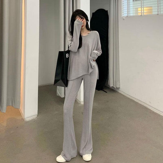2PCS Women's Autumn Split Mid-Length Suit Casual Wide Long Sleeve Casual Sports Suit Loose Long Sleeve + High Waist Wide Leg Pants Two Piece Suit