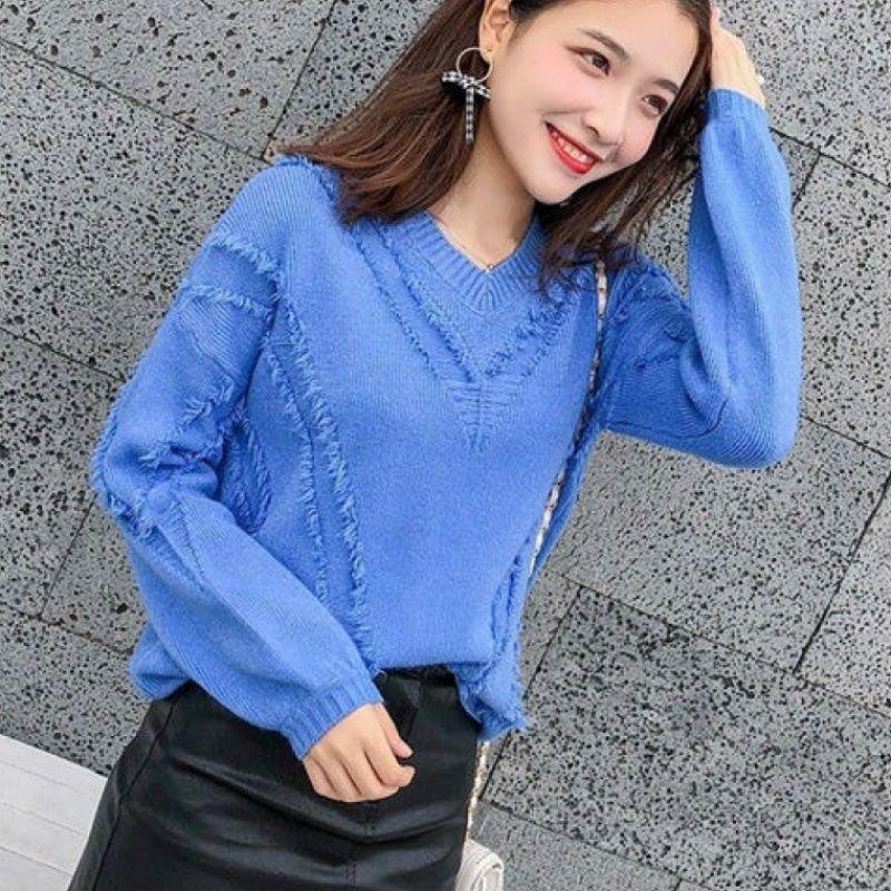 Knitted Sweater Women Autumn and Winter Loose Women's Korean Style Long-sleeved Pullover Tassel V-neck Knitted Bottoming Shirt
