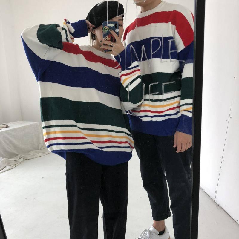 Pofulove Striped Sweater Loose Autumn Winter Korean Lazy Wild Round Neck Pullover Coat Schoolgirl