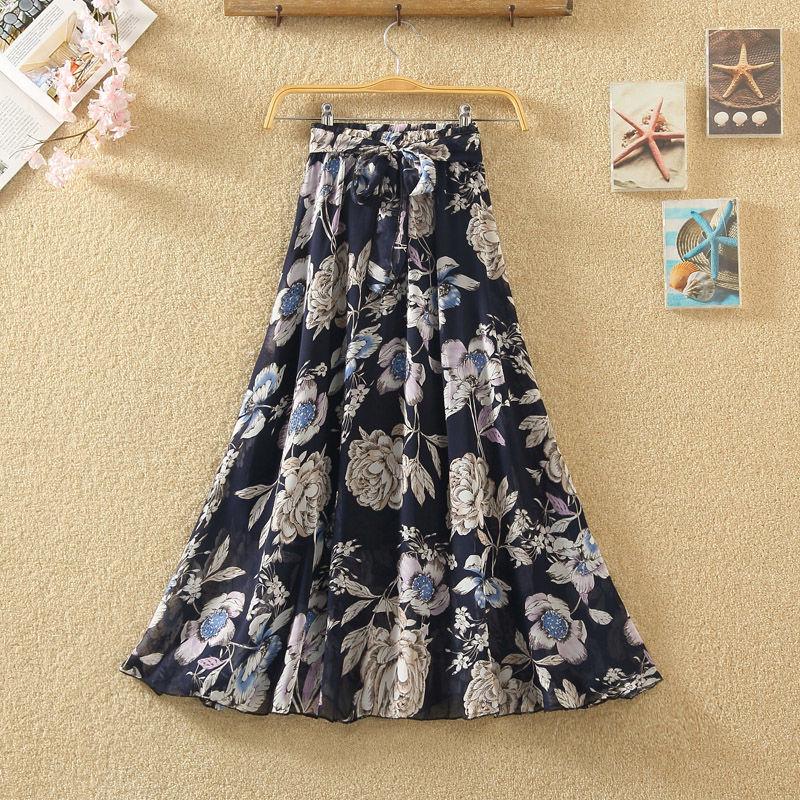 A-line Draping Ruffled Skirt Chiffon Skirt Pleated Floral Skirt Summer Women's High Waist Long Skirt
