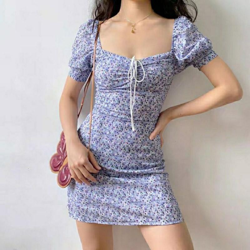 Spring Summer Chiffon Floral Short Skirt Women French Style Retro Square Neck Lace Puff Sleeve Waist Dress Boho