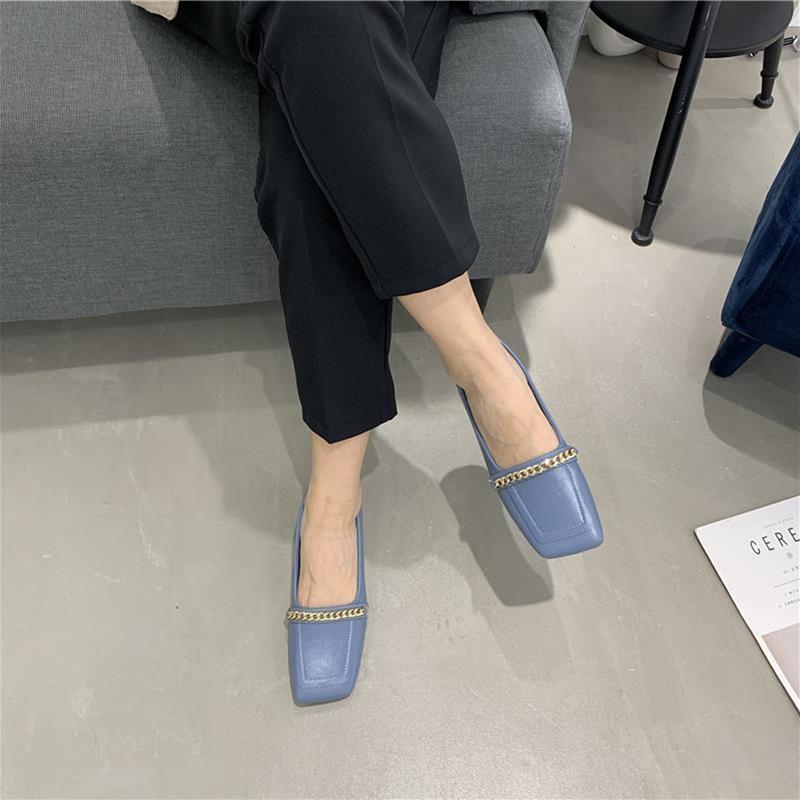 British Style Retro Shallow Mouth Low-heeled Shoes Women's Square Toe Metal Chain Thick Heel Leather Shoes Loafers Work Shoes