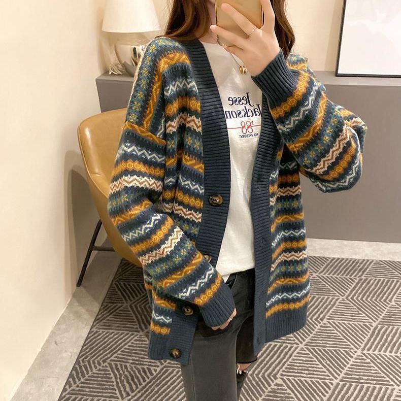Retro Striped Knitted Cardigan Autumn and Winter Fashion Loose Sweater Plus Size Casual Jacket