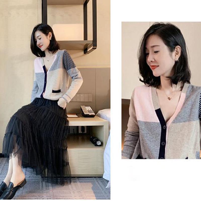 Color-block Knit Sweater Long-sleeved Loose V-neck Sweater Cardigan Jacket Female Spring and Autumn Korean Version of All-match Thin Top