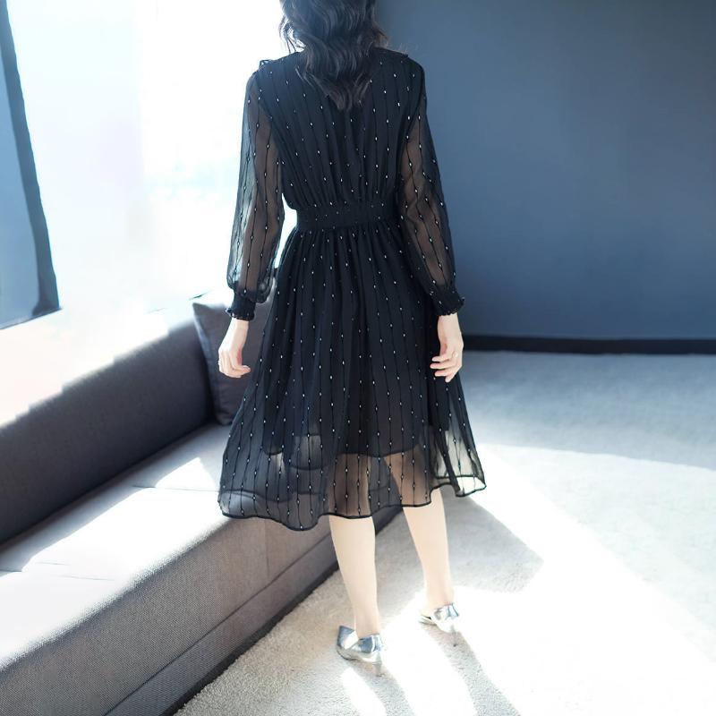 Spring Vintage Leaves Print Bohemian Dress Women Boho Chiffon Long Sleeve A Line Dress Stand-up Collar Summer Beach