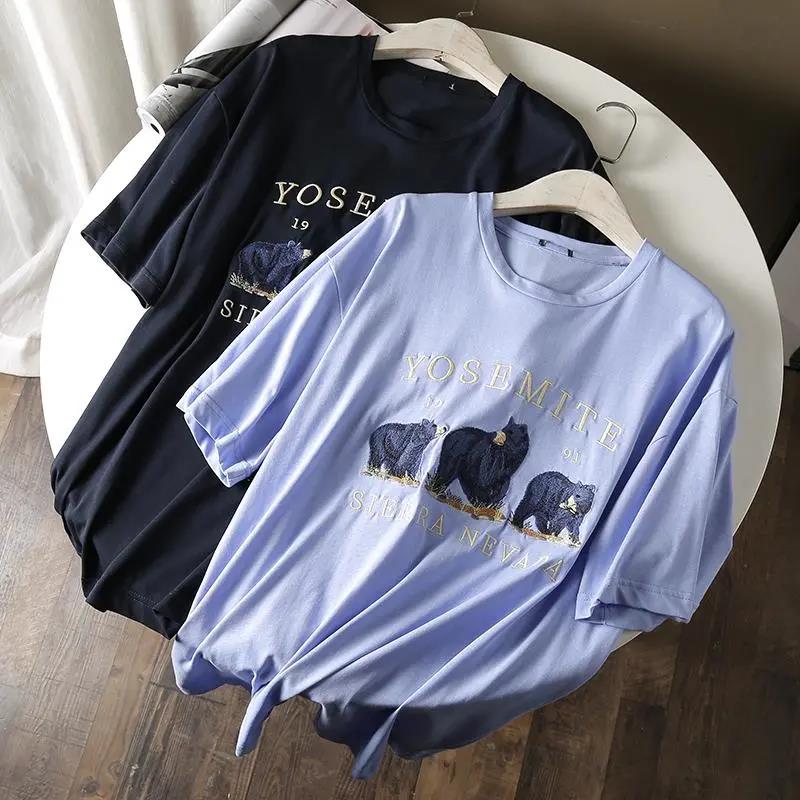Little bear embroidery Cotton T -Shirt Women Tops Round Neck  Casual Tops Tee