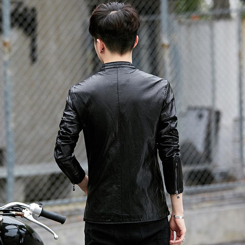 Fashionable Slim-fit Men's Leather Jacket with Stand-up Collar Pu Leather Handsome Motorcycle Leather Jacket