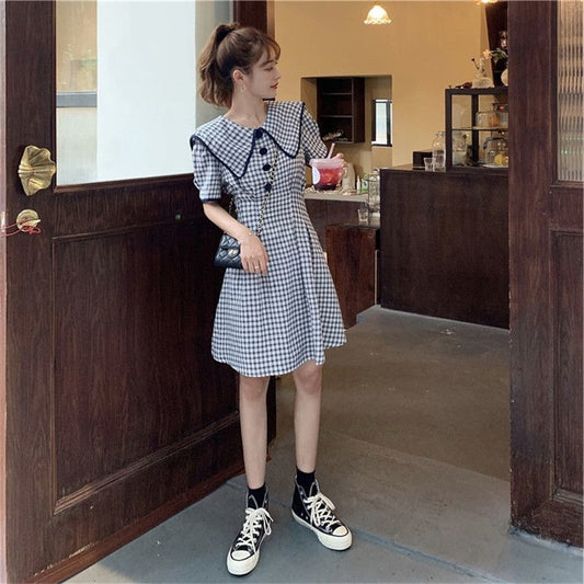 Baby Collar Bubble Sleeve Plaid Graceful Dress Summer Gentle Retro Elegant Slim Dress