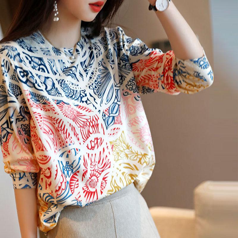Sweater Women's Ink Painting Print Pullover Knitwear Thin Section Korean Loose Top Spring and Autumn Fluffy Fashion