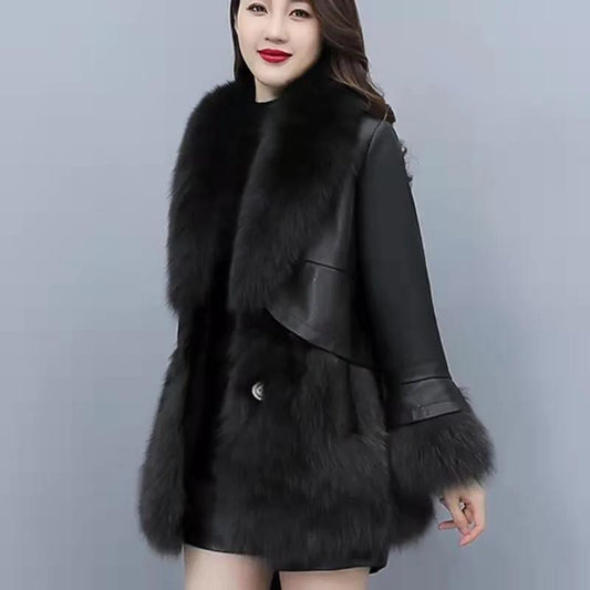 Fur Coat Women's Winter New Style Fox Fur Mid-length PU Leather Stitching Thick Warm Leather Coat for Women's Cotton Jacket To Keep Warm