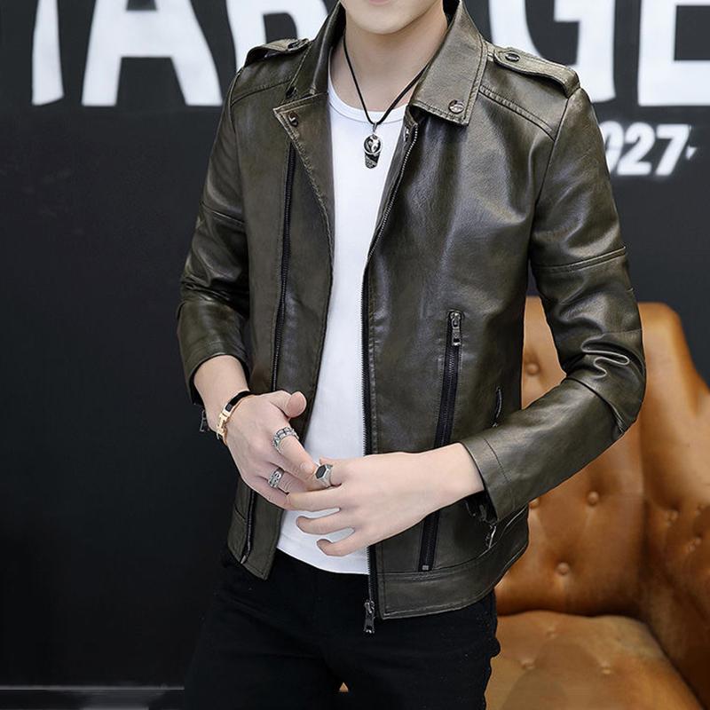 Soft Leather Jacket Men's Jacket Lapel Motorcycle Casual Simulation PU Leather Jacket Men's Short Warm and Handsome Leather Jacket