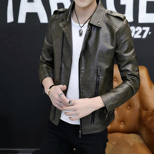 Soft Leather Jacket Men's Jacket Lapel Motorcycle Casual Simulation PU Leather Jacket Men's Short Warm and Handsome Leather Jacket