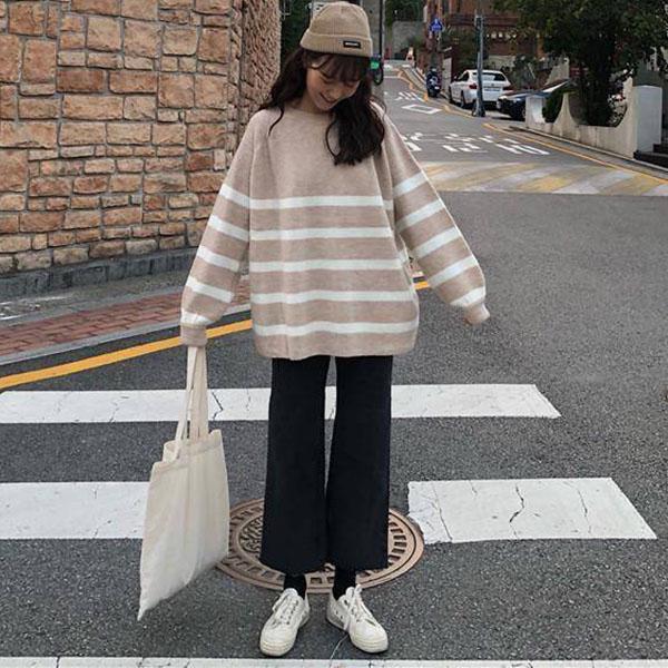 Autumn and Winter College Style Round Neck Striped Sweater Female Student Loose Mid-length Top Sweater Coat