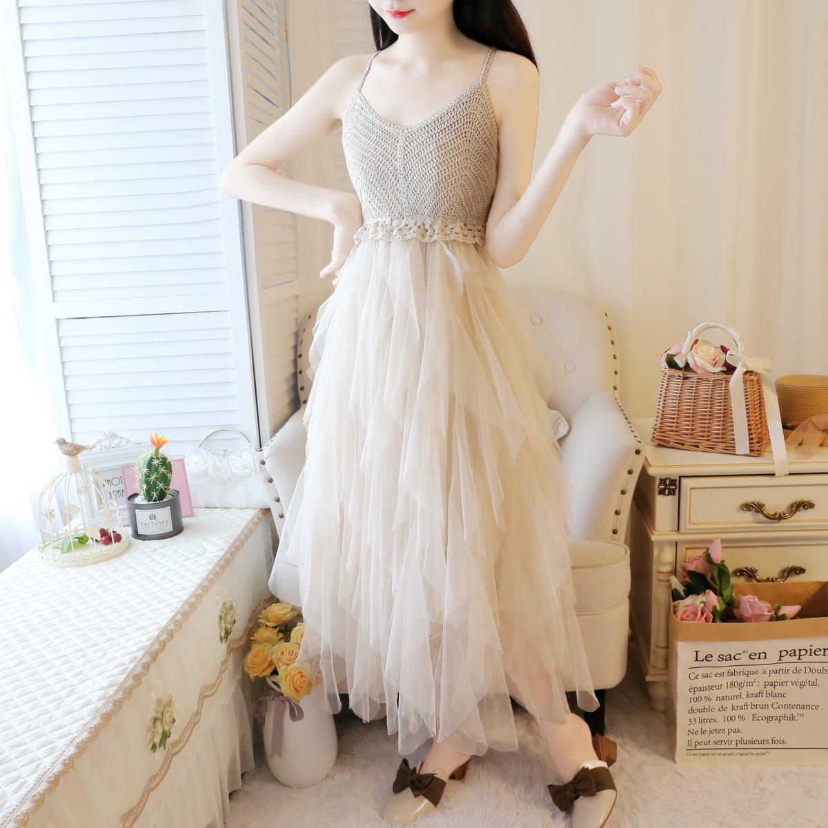 Lace Party Dress Ruffles Knitting Patchwork Women Strap Dress Mesh Backless V-neck Dress
