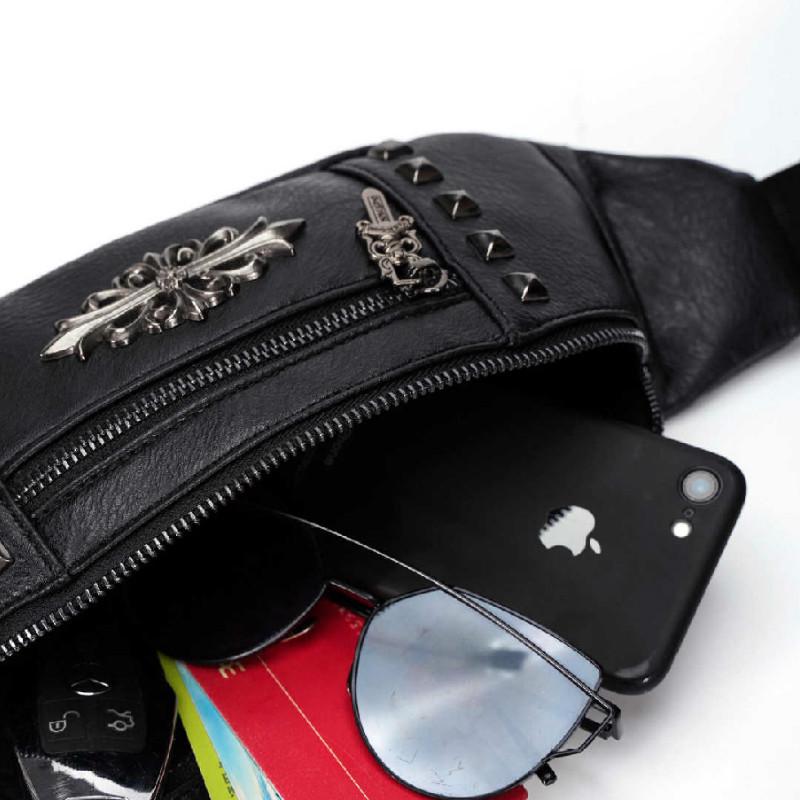 Waist Bag Men's Waterproof with Headphone Hole Rivet Crossbody Outdoor Sports Hip Hop Shoulder Bag
