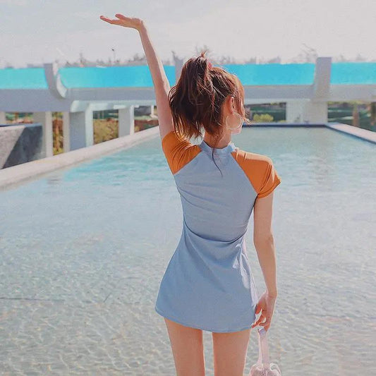 Swimsuit Women Cover Belly Slimming Split Swimsuit Round Neck Short-sleeved Shirt Swimsuit Sweet and Cute Ladies Swimsuit