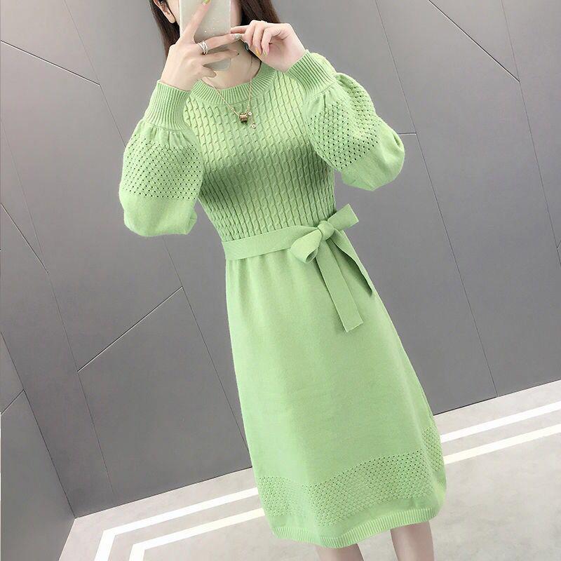 Knit Dress Women Autumn and Winter Loose Mid-length Over-the-knee Sweater Bottoming Tie Belt Slim-fit Sweater Dress Puff Sleeve Sweater