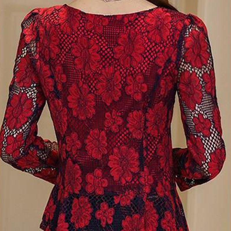 Women's Spring and Autumn Plus Size Long Sleeve Bottoming Shirt Lace Round Neck Slim Top