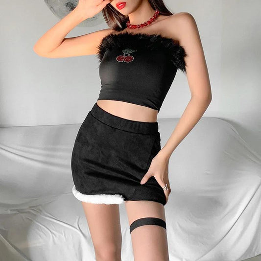 European and American Retro High Waist Thin Package Hip Skirt Female Autumn and Winter Models Plush Black Short Skirt Sexy Leg Ring Skirt