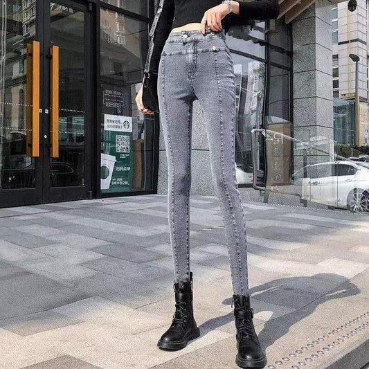 Spring and Autumn Models of Stretch Jeans Women's High-waisted Slim and Versatile Student's Slim Feet Nine-point Leggings