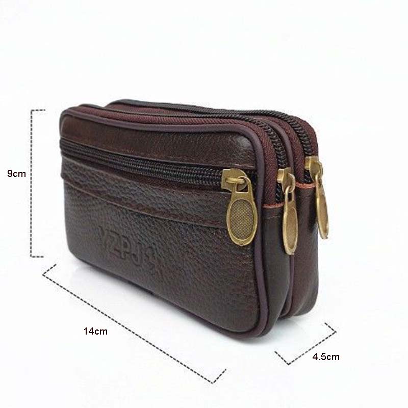Men's Leather Horizontal Pockets Mobile Phone Waist Bag Wearing Belt Double Mobile Phone Purse Convenient Small Bag