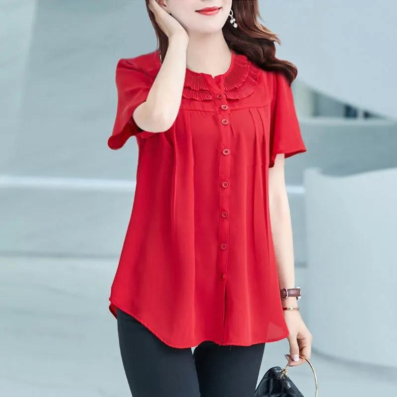 Large Size Short-sleeved Top Women's Round Neck Fungus Edge Collar Loose Thin Shirt Solid Color Chiffon Shirts Button Up Casual All Match Blouses Top