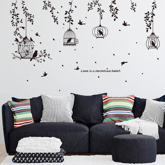 Black bird cage leaf silhouette sofa porch restaurant bedside corner TV decorative wall sticker