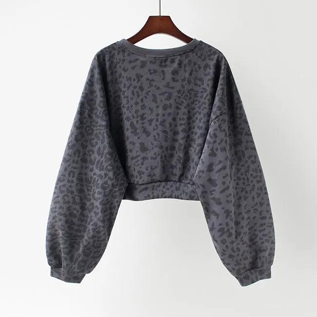 Women's Leopard Print Long Sleeve Sweater Autumn Korean Letter Print Loose Bottoming Shirt Short Round Neck Shirt