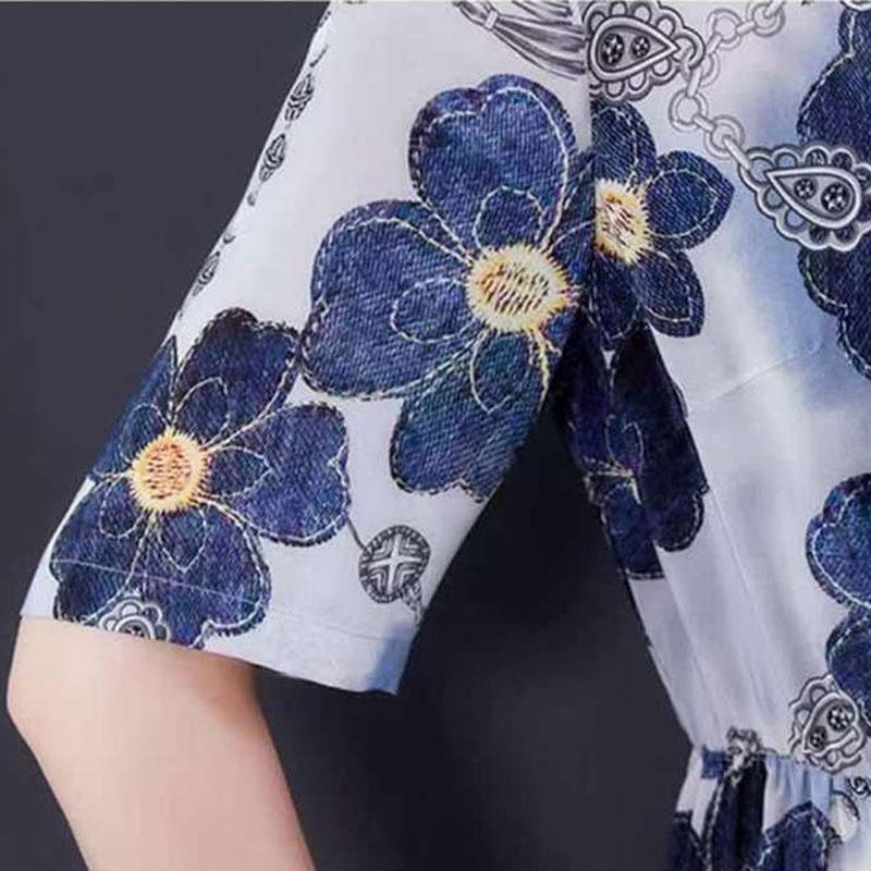 Women's Slim A-line Skirt Summer Short Sleeve Mid Length Floral Large Size Dress