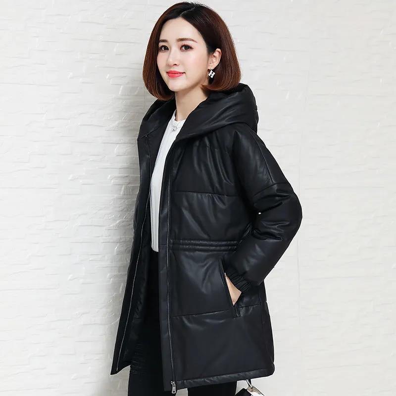 Women's Fashion Fall Winter Jacket Loose Hooded Leather Jacket Jacket Motorcycle Jacket