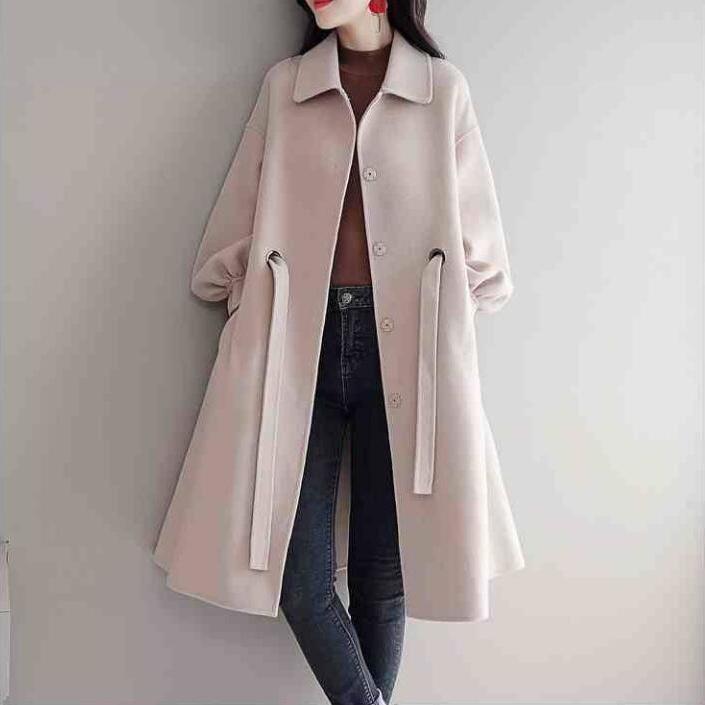 Womens' Winter Wool Long Coat with Woolen Coat Side Pocke Lantern Sleeve Long Jacket Trench Coat