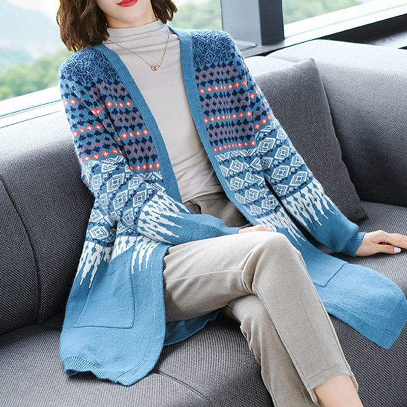Spring and Autumn Knitted Cardigan Sweater Mid-length Loose Casual Sweater Fashion Jacquard Female Jacket