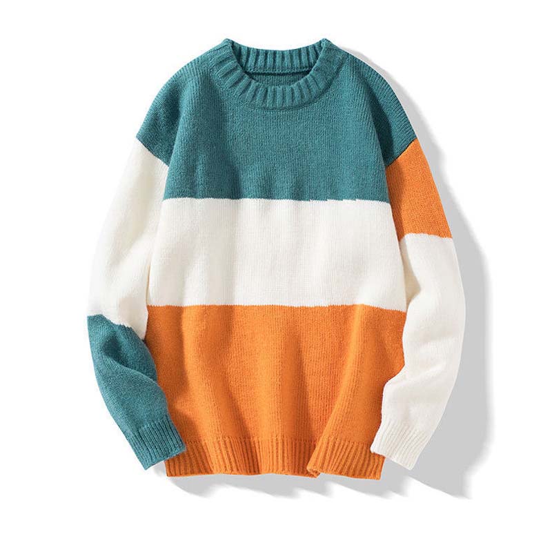 Men's Autumn and Winter Sweater Pattern Stitching Loose, Casual Men's Round Neck Pullover Type