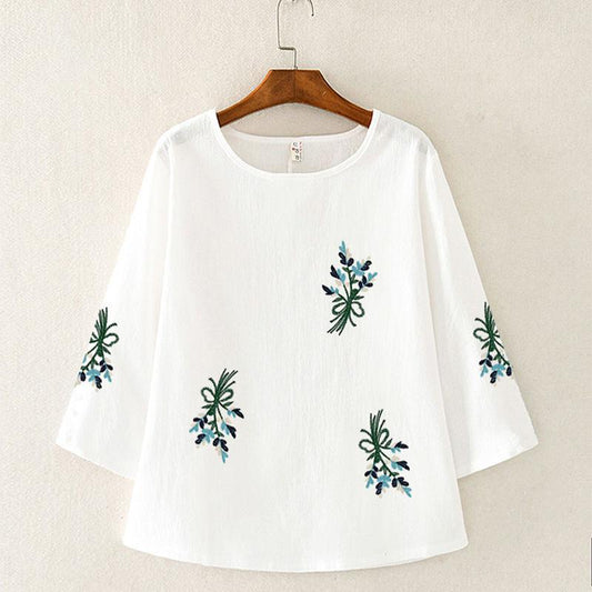 Pure Cotton T-shirt Women Summer Embroidered Art T-shirt Women Loose Top Three-quarter Sleeves Ethnic Style Bottoming Casual T-shirt