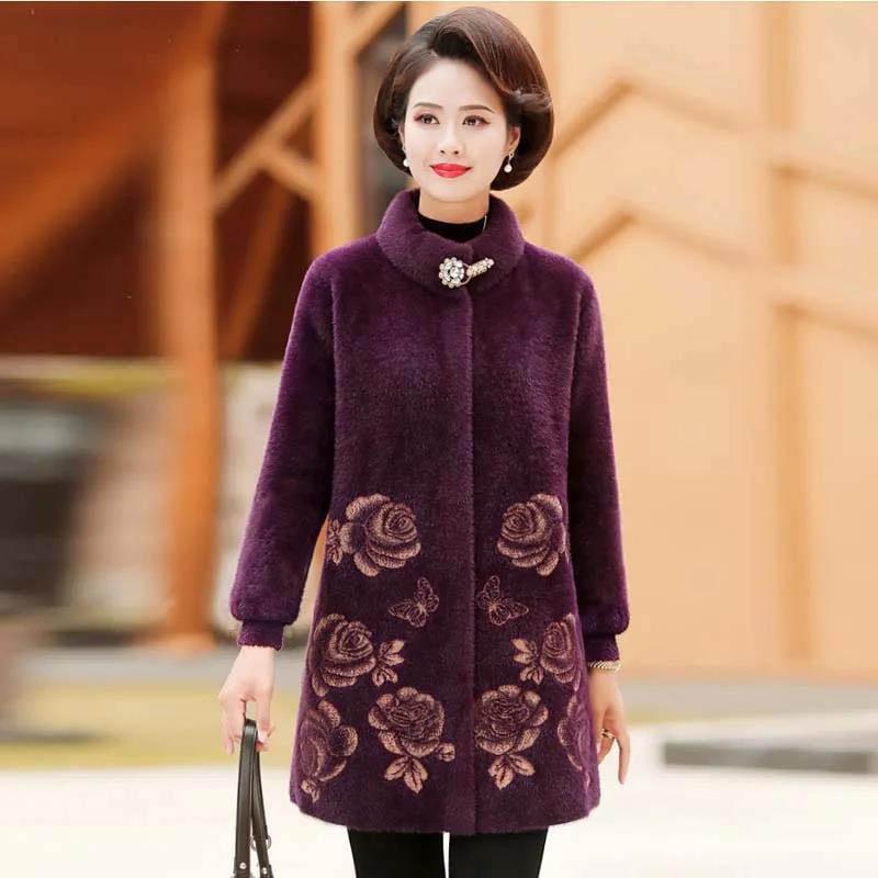 Mother Wear Winter Imitation Mink Velvet Coat Women Middle-aged and Elderly Women's Mid-length Coat