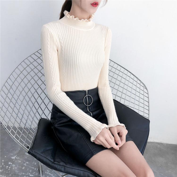 Sweater Women's Half Turtleneck Ruffled Pullover Slim-fit Knitwear Korean Solid Color Top Trending Sweater Autumn and Winter
